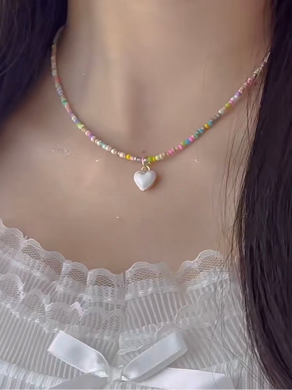 Vintage Multicolor Beaded Necklace with White Heart Pendant